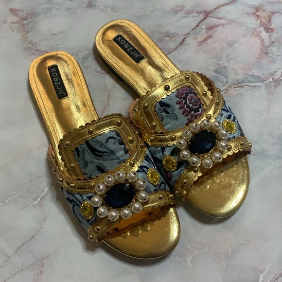 XOBZJH Evening Slides Rhinestone Sandal gold party shoes embroidery shoes 9.5 - Picture 6 of 13
